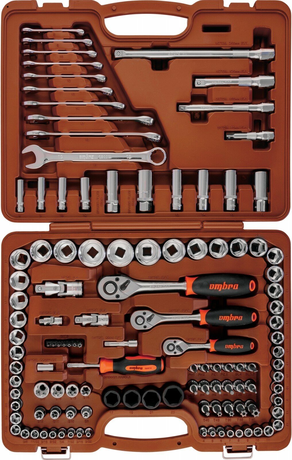 Специальный набор инструмента, торцевые головки 1/4", 3/8", 1/2"DR, 4-32 мм и SAE 5/32"--1-1/4", ударные торцевые головки 1/2"DR, 17-23 мм, 120 предметов Ombra