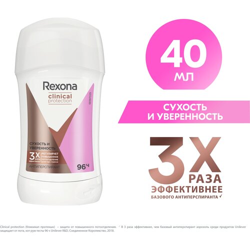 Rexona Clinical Protection антиперспирант-стик женский Сухость и Уверенность, защита 96 часов, 40 мл