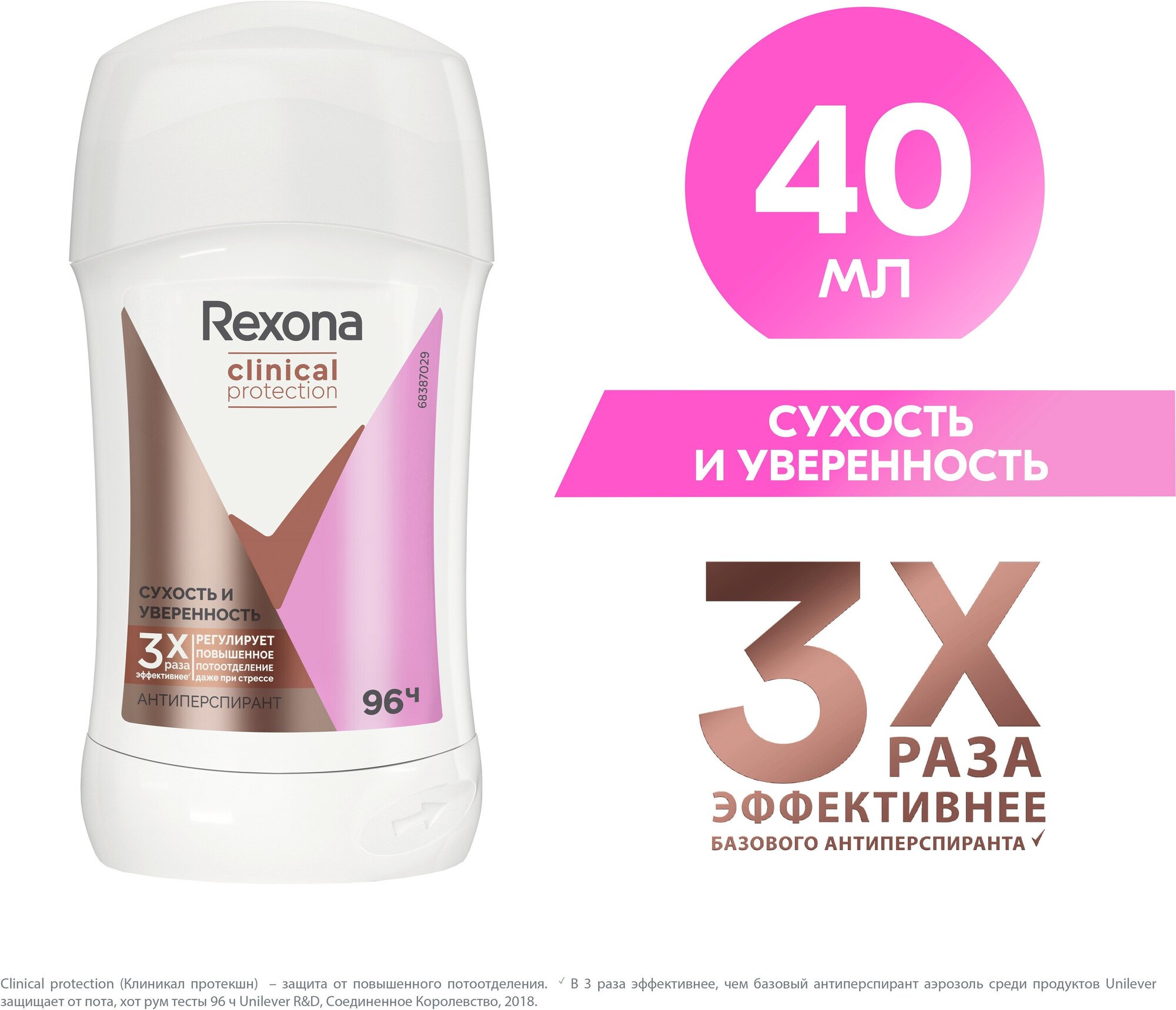 Rexona Clinical Protection антиперспирант-стик женский Сухость и Уверенность, защита 96 часов, 40 мл