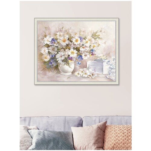 Картина на стену для интерьера "Нежность" 57х72см, на бумажном холсте, в раме, большая, с цветами/Графис бежевый, белый