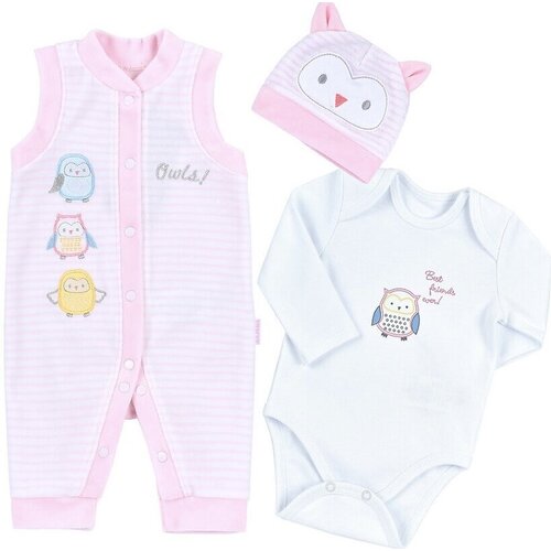 Комплект одежды  Bembi детский, полукомбинезон и боди и шапка, повседневный стиль, застежка под подгузник, размер 56, белый, розовый