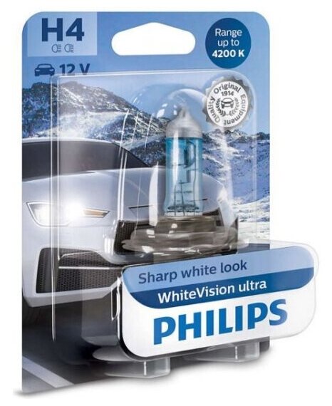 Лампа галогенная Philips H4 White Vision 12V 60/55W (P43t) блистер 1шт, 12342WVUB1