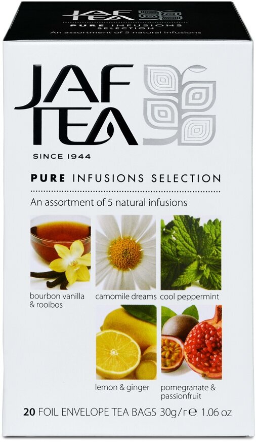 Чай без кофеина JAF TEA Pure Infusions Selections 20 пакетиков в конвертиках, Ассорти 5 видов, напитки без кофеина - фотография № 1