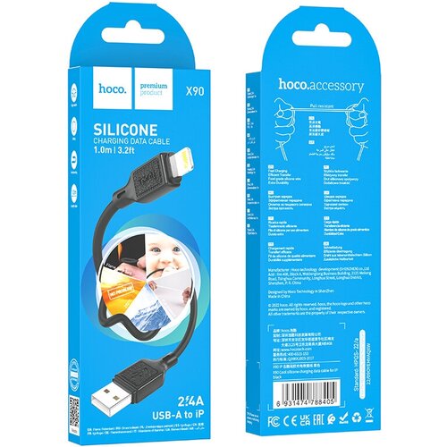 Дата-кабель HOCO X90, USB To Lightning, 2.4A, 1м, черный кабель usb lightning x50 1m 2 4a hoco черный