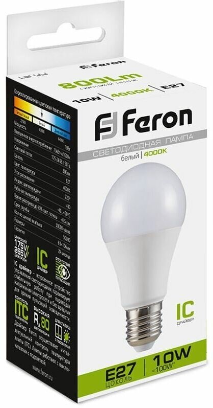 Лампа светодиодная Feron LB-92 25458, E27, A60, 10 Вт, 4000 К - фотография № 8