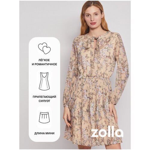 Платье Zolla, шифон, прилегающее, мини, подкладка, размер XS, бежевый