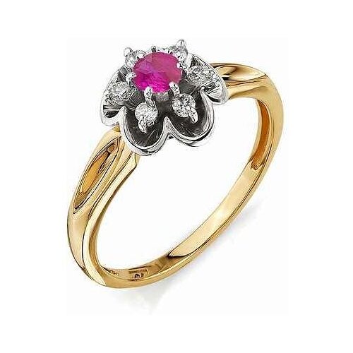 фото Алькор кольцо цветок с бриллиантами, рубином из красного золота 11050-103, размер 18