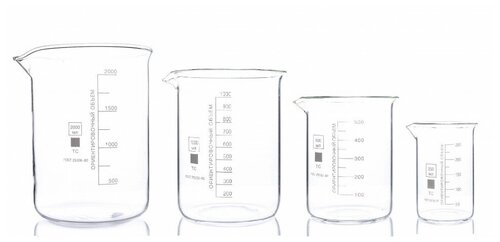 Набор лабораторных стаканов (тип Н, низкий с делениями и носиком, термостойкий) ТС 2000, 1000, 500, 250 мл