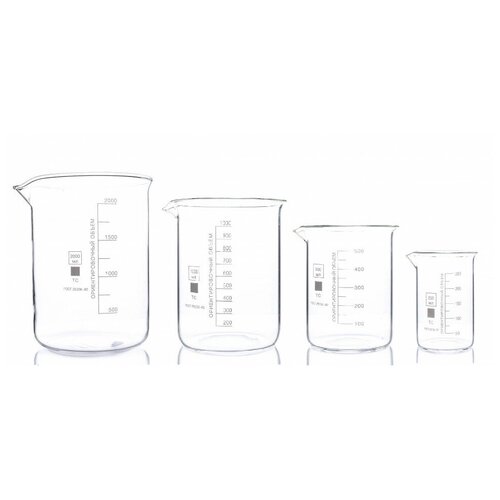 Набор лабораторных стаканов (тип Н, низкий с делениями и носиком, термостойкий) ТС 2000, 1000, 500, 250 мл