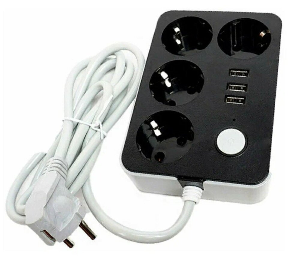 Удлинитель сетевой фильтр с 4 розетками и 3 USB (2,4A авто) портами Черный