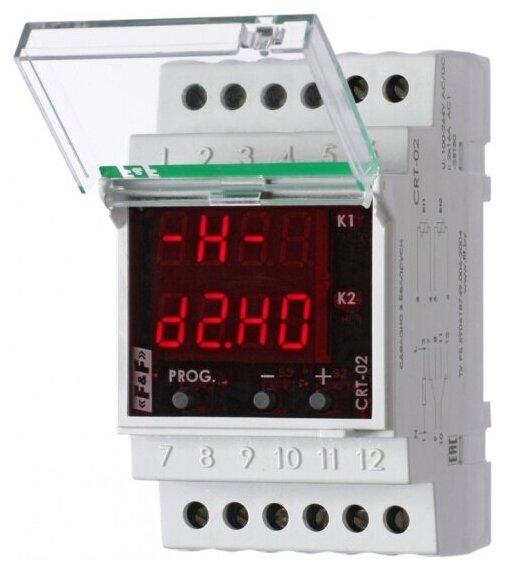 Регулятор температуры F&f , CRT-02 напряжение питания 100-264 В AC/DC диапазон от -50 до +150 гр, Гистерезис 0,5-25°С, Контакт 2NO/NC, максимальный ток 16 А, EA07.001.015