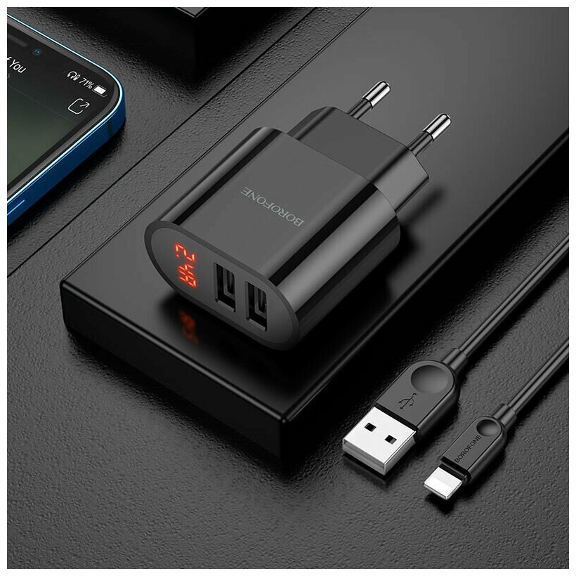 Зарядное устройство с LED дисплеем, USB 5V-2.4A 12W, с кабелем Lightning для iphone, адаптер сетевой, блок питания на айфон