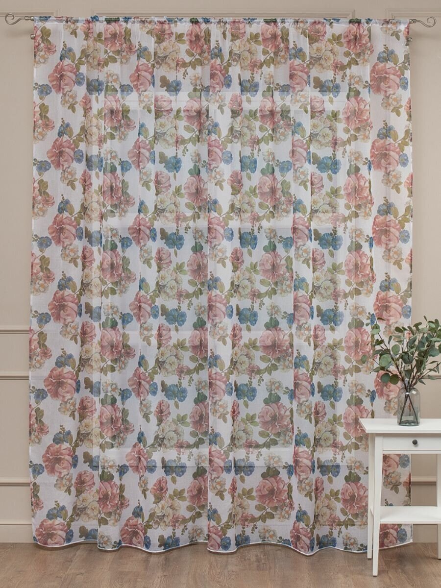 Тюль под лен Amore Mio 300х270 см, 1 шт, для гостиной, спальни, детской комнаты дома, длинный, на шторной ленте, готовый, розовый, с цветами