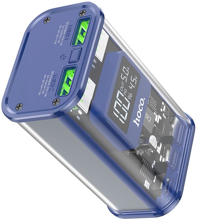Портативный внешний аккумулятор Hoco J105 Led Dynamic Display, PD 20W/SCP 22.5W + Кабель зарядки, Синий+Прозрачный