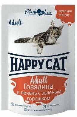 Влажный корм для кошек Happy Cat с говядиной, печенью и горохом 24 шт. х 100 г (кусочки в желе)