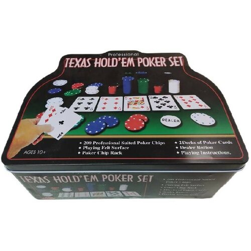 Покерный набор Набор для покера из 200 фишек с номиналом в жестяной коробке (с сукном)