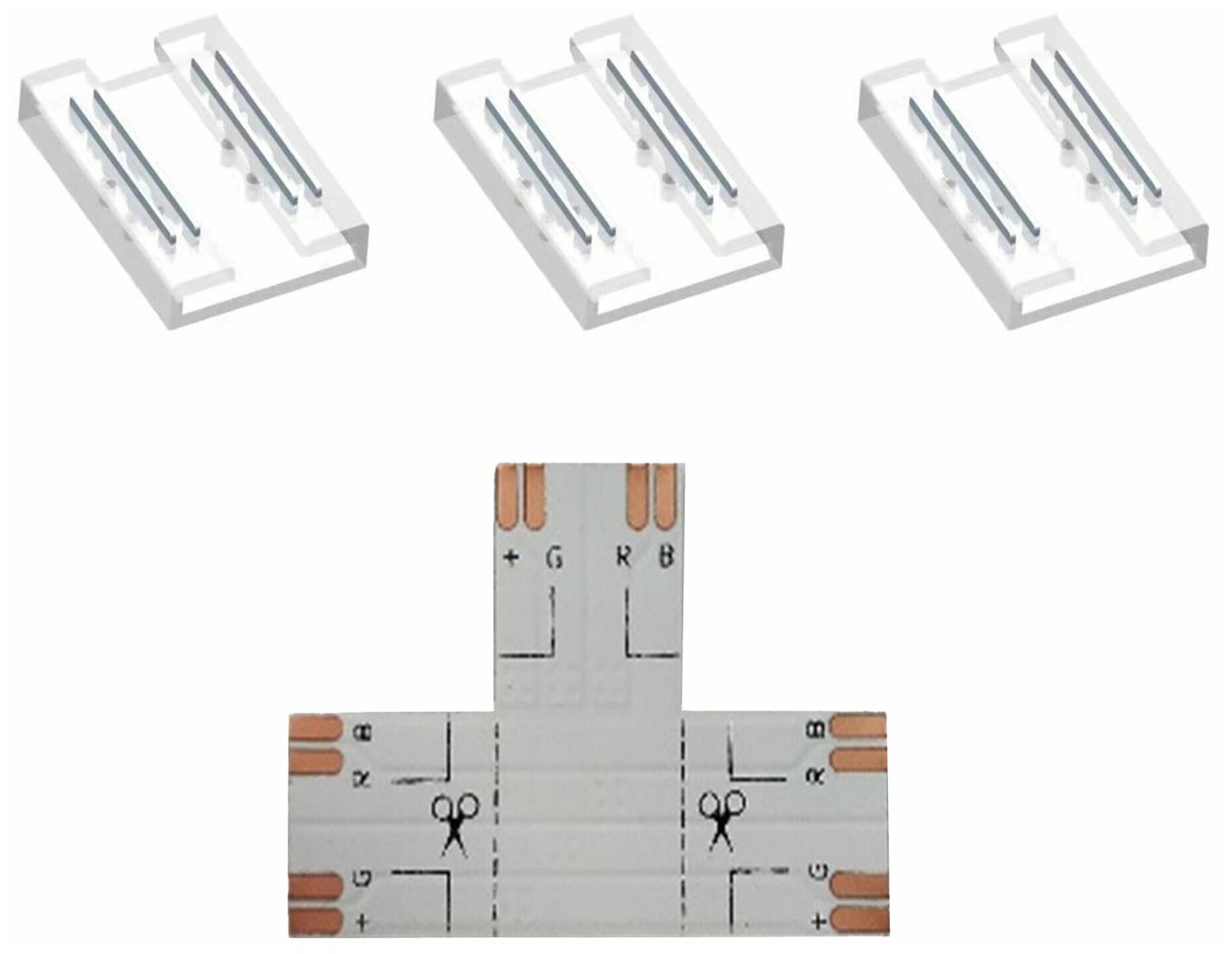 Комплект коннекторов (Т-образный +3 клипсы) для светод. ленты 12/24В, COB, CCT, IP20.
