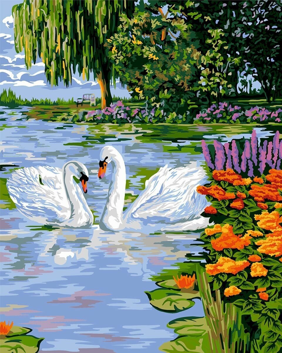 Картина по номерам Белые лебеди, 40х50 см, холст на подрамнике, акриловые краски
