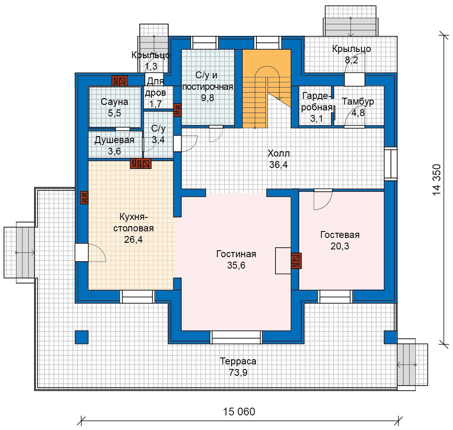 Проект кирпичного дома Catalog-Plans-48-23 (296,8кв. м, 15,84x15,13м, кирпич 510)