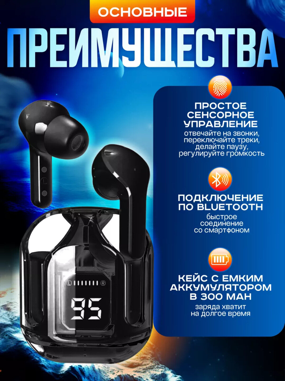 Беспроводные наушник с дисплеем, микрофоном и шумоподавлением IOS Android — фото 1