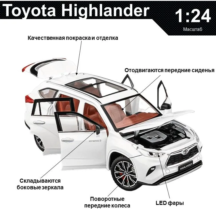 Машинка игрушка металлическая Toyota Highlander 1:24 с световымии звуковыми эффектами — фото 1
