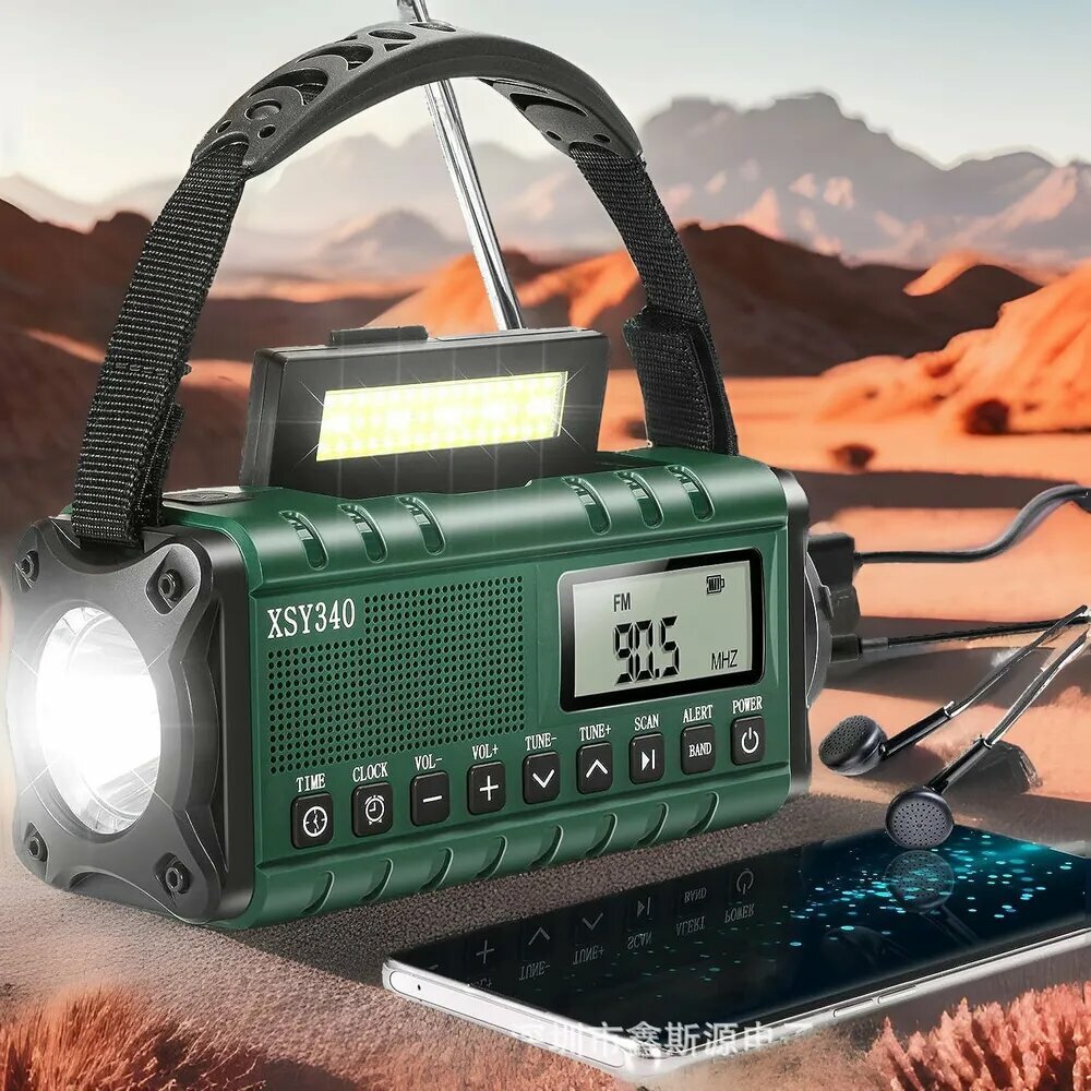 XSY-340Портативный радиоприемник выживальщика . Type-C / AM/FM/SW-приемник для тревожного чемоданчика / Радио с динамо машиной и солнечной батареей. PowerBank