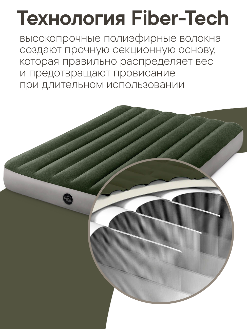 Матрас надувной Intex 137×191×25 см, полутороспальный, флокированный, темно-зеленый — фото 1