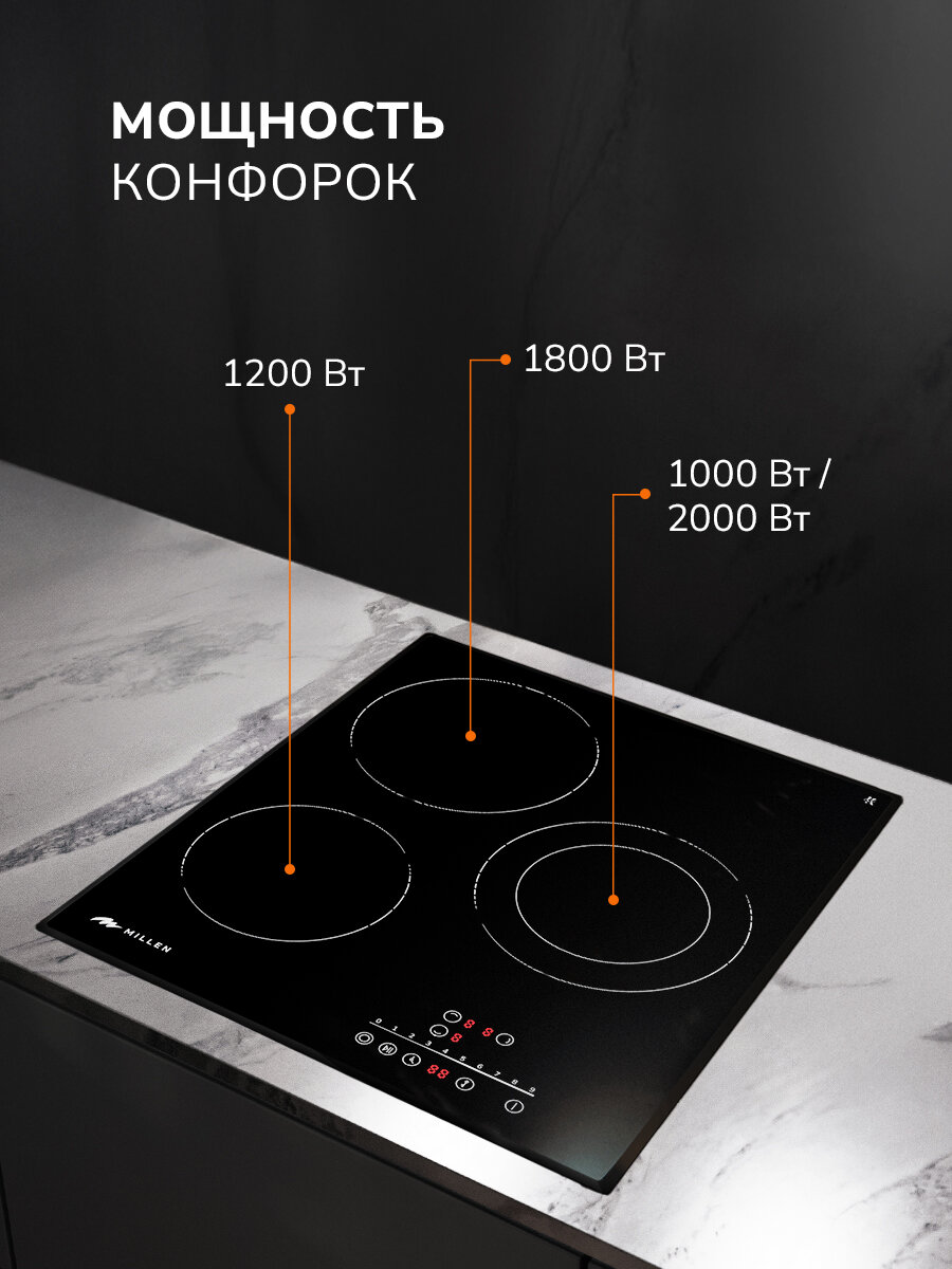 Изображение Варочная панель встраиваемая электрическая MILLEN MEH 452 BL, 3 конфорки , управление сенсорное - слайдер, с таймером