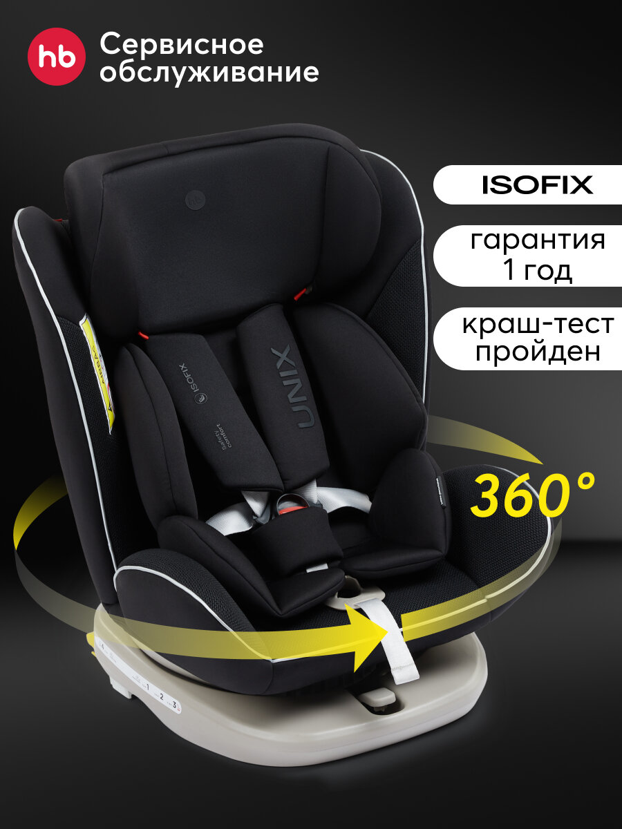 Автокресло детское от 0 до 12 лет Unix Happy Baby группа 0+/1/2/3 (до 36 кг), крепление isofix, поворотная база, черный