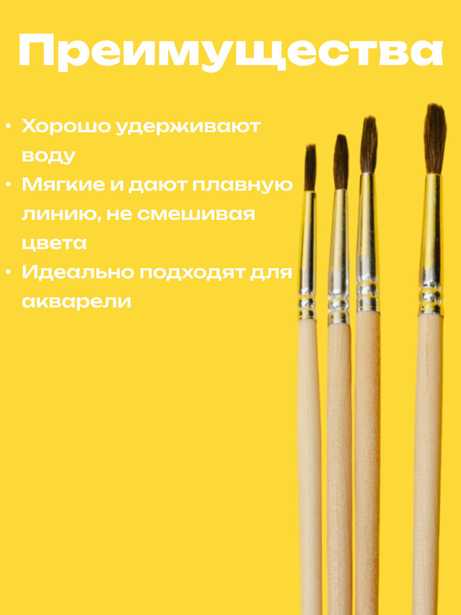 Набор кистей белка круглые 4 штуки (№1,2,3,4) с деревянными ручками на блистере