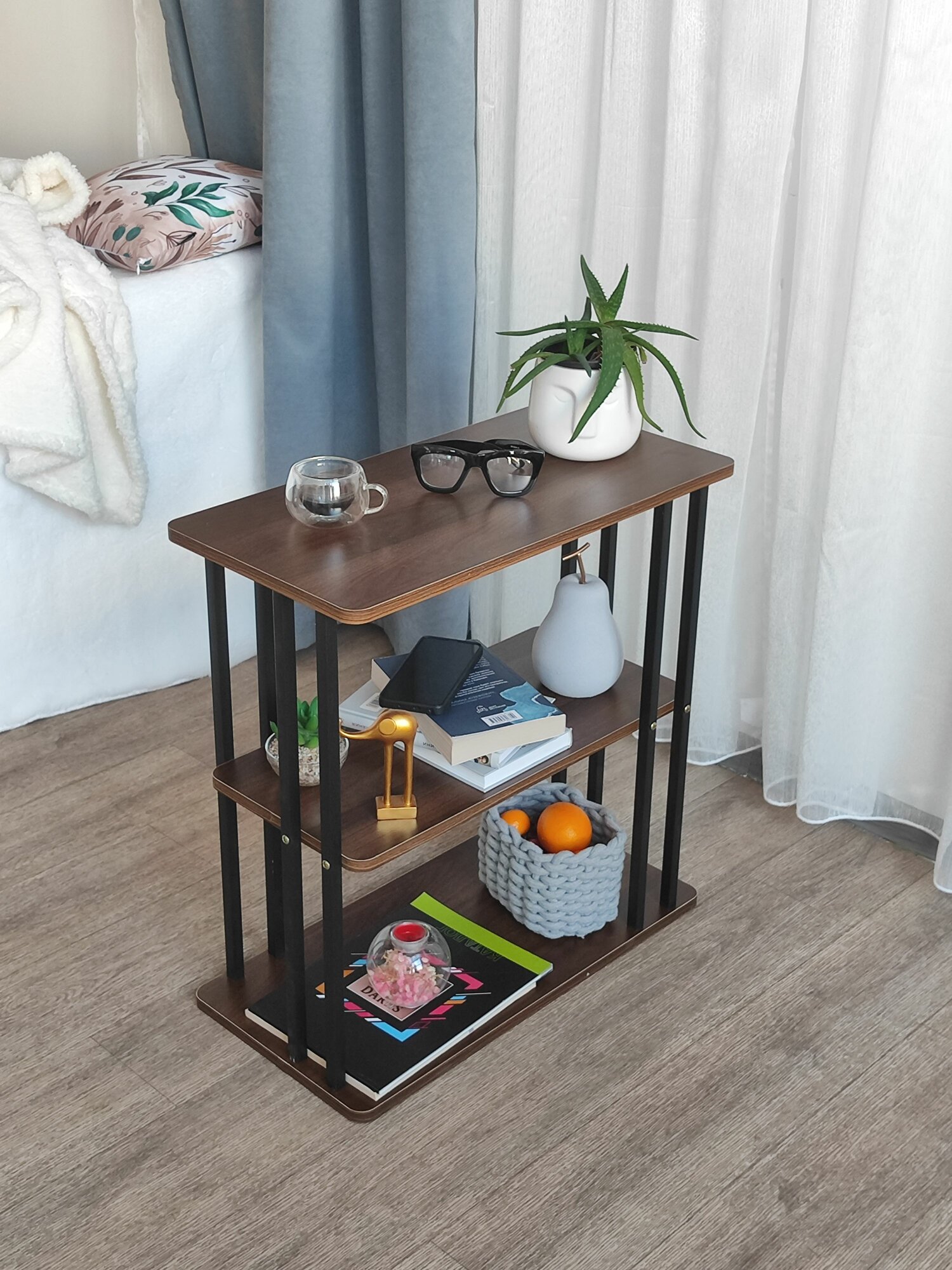 Журнальный стол Baizheng, 3 полки, МДФ, цвет орех, 60 см × 24 см × 63 см