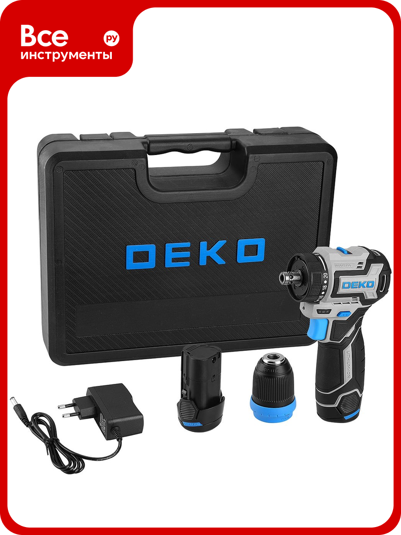 Дрель-шуруповерт аккумуляторная бесщеточная компактная DEKO Loner 12V PRO в кейсе со съёмным патроном, 12В, 2x3.0Ач 085-1122