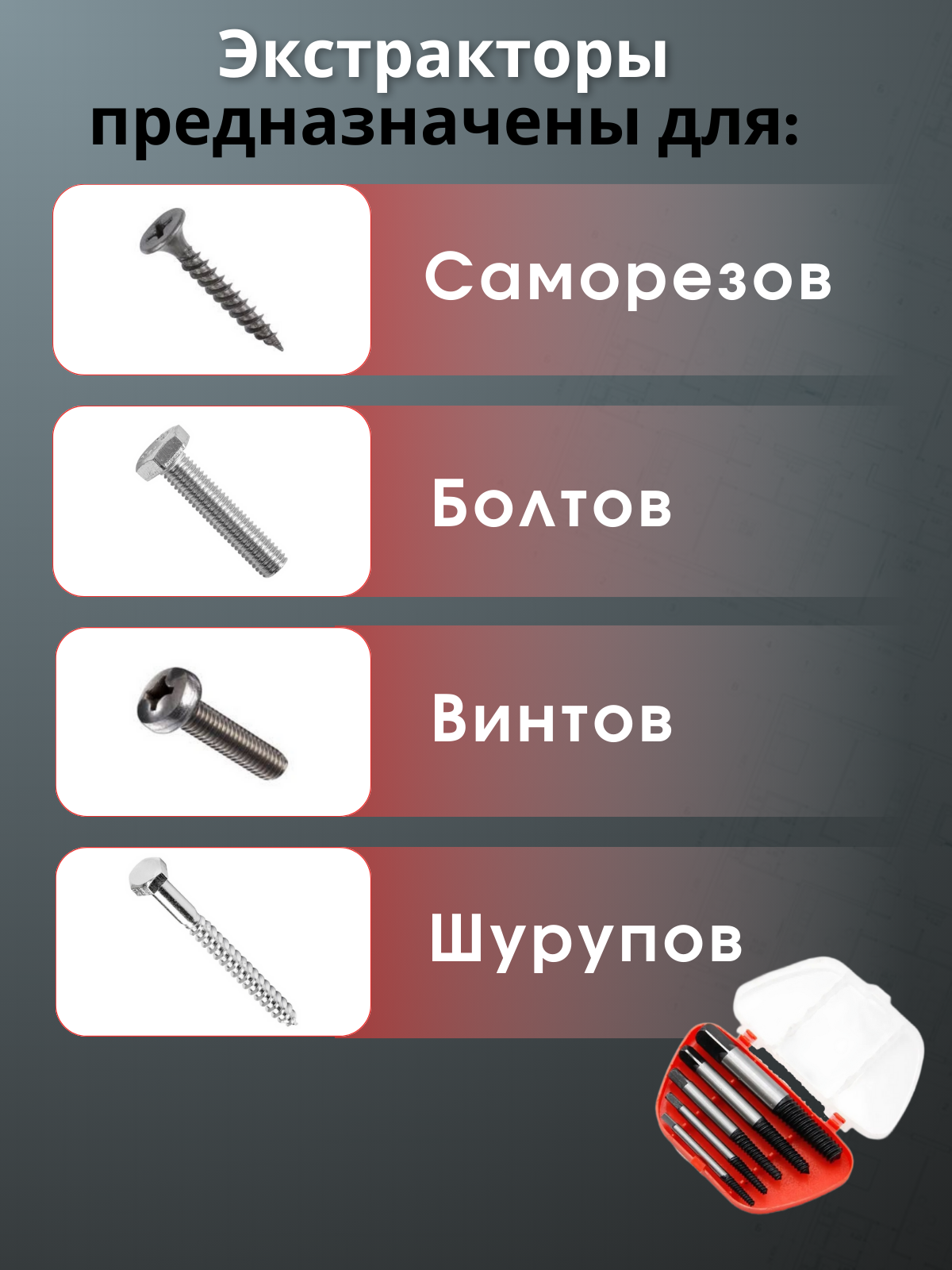Экстракторы для болтов и саморезов HOMEGURU с кейсом, 5 штук — фото 1