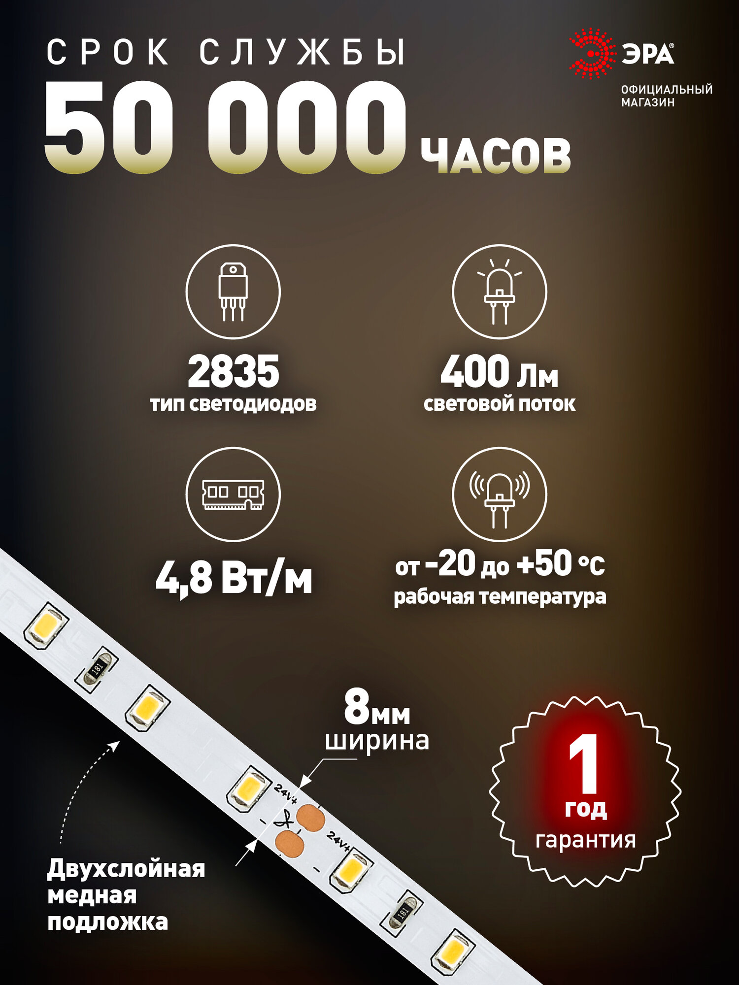 Картинки Светодиодная лента 12v ЭРА 2835 подсветка в комнату 5м 4,8w белая, дневной свет