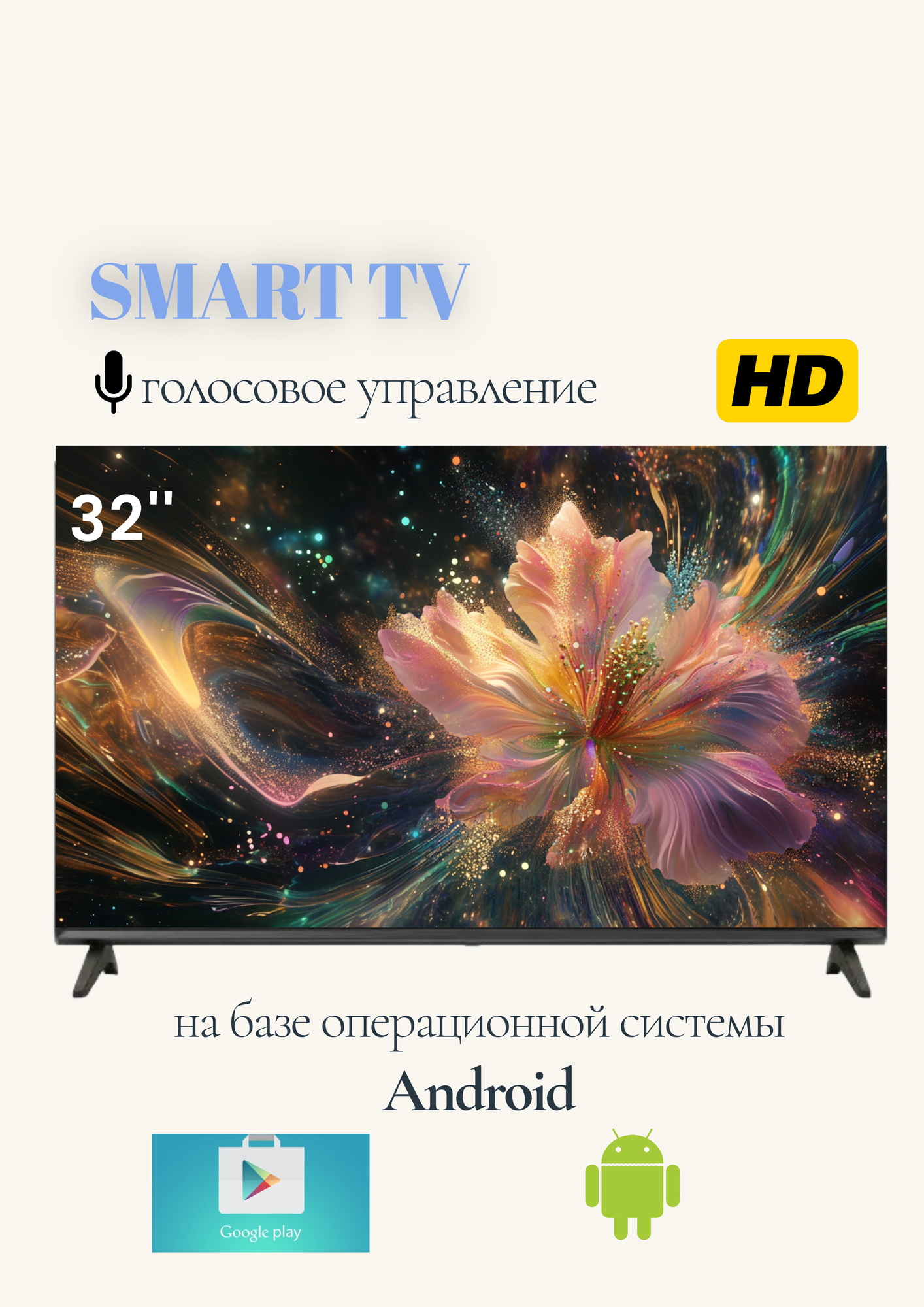 Телевизор Smart TV HD Slim, диагональ 32 дюйма, Android, голосовое управление