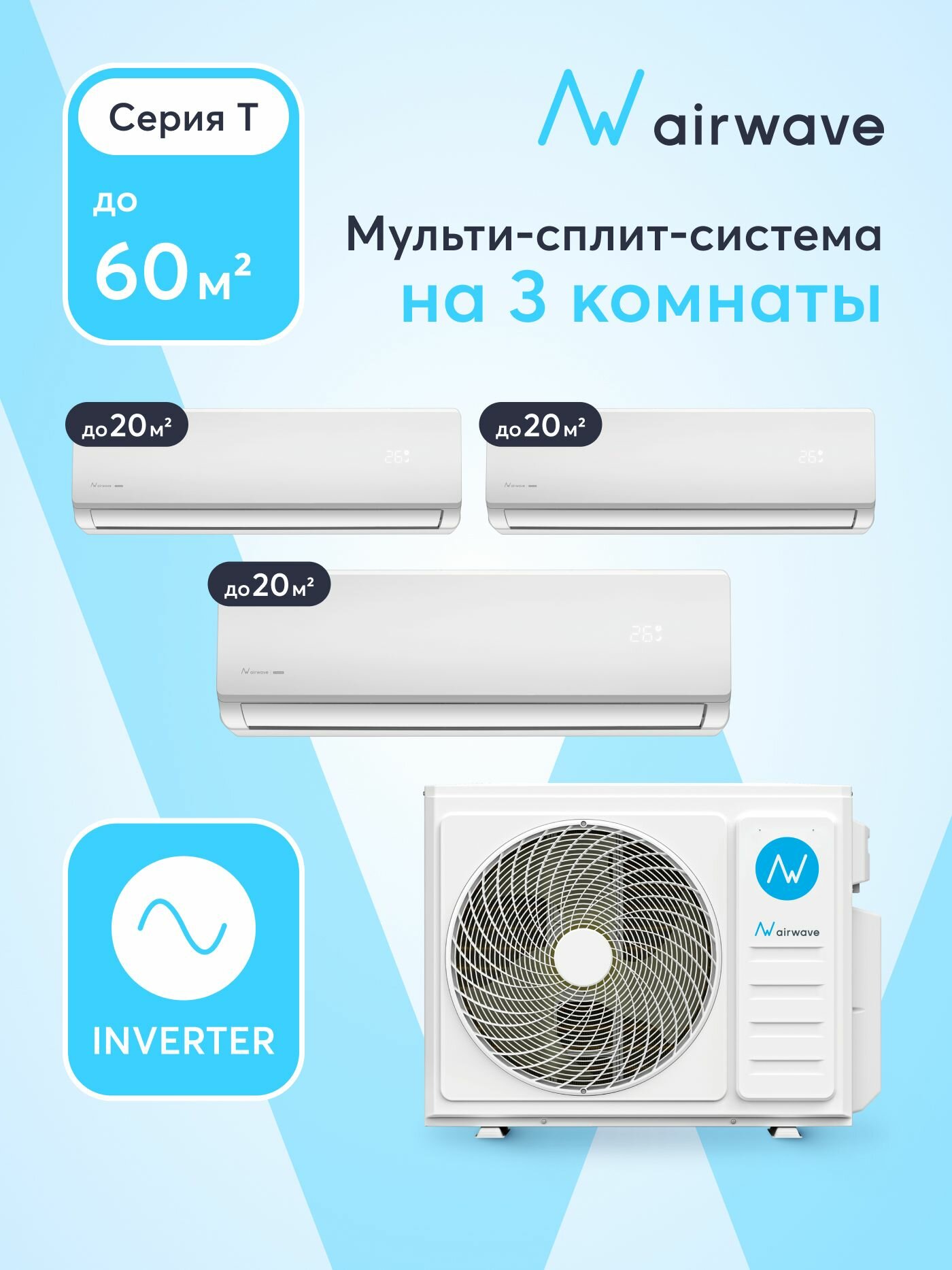 Инверторная мульти сплит-система на 3 комнаты 20м2+20м2+20м2, Airwave, AWT21HM3P-O/AWT07HWM-I*3
