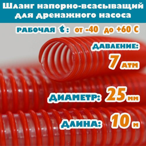 Изображение товара Шланг для дренажного насоса 25 мм (1"), 7 атм, напорно-всасывающий, гофрированный, морозостойкий ПВХ от -40С до 60С, защита от УФ, красный, 10м