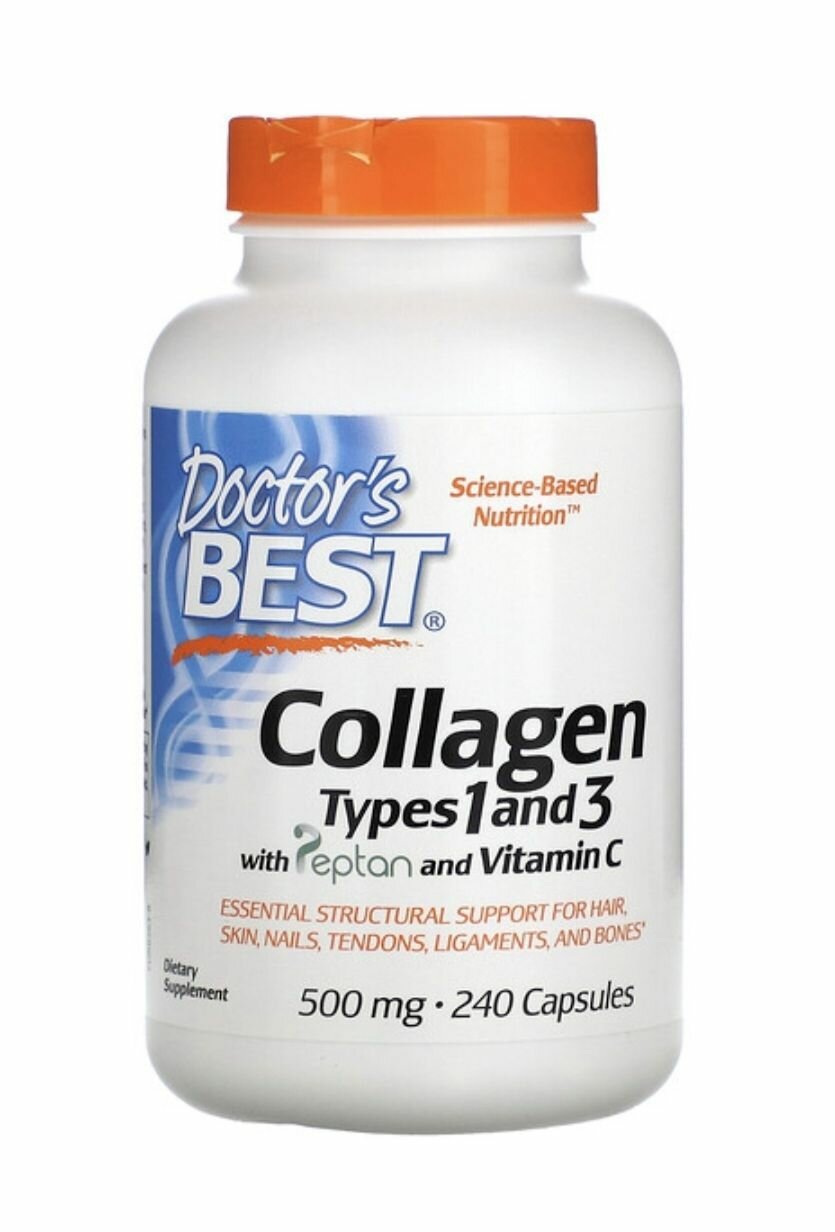 Коллагены Для Суставов Doctor's Best, Collagen Types 1 and 3, Коллаген типов 1 и 3 с витамином C, 240 капсул
