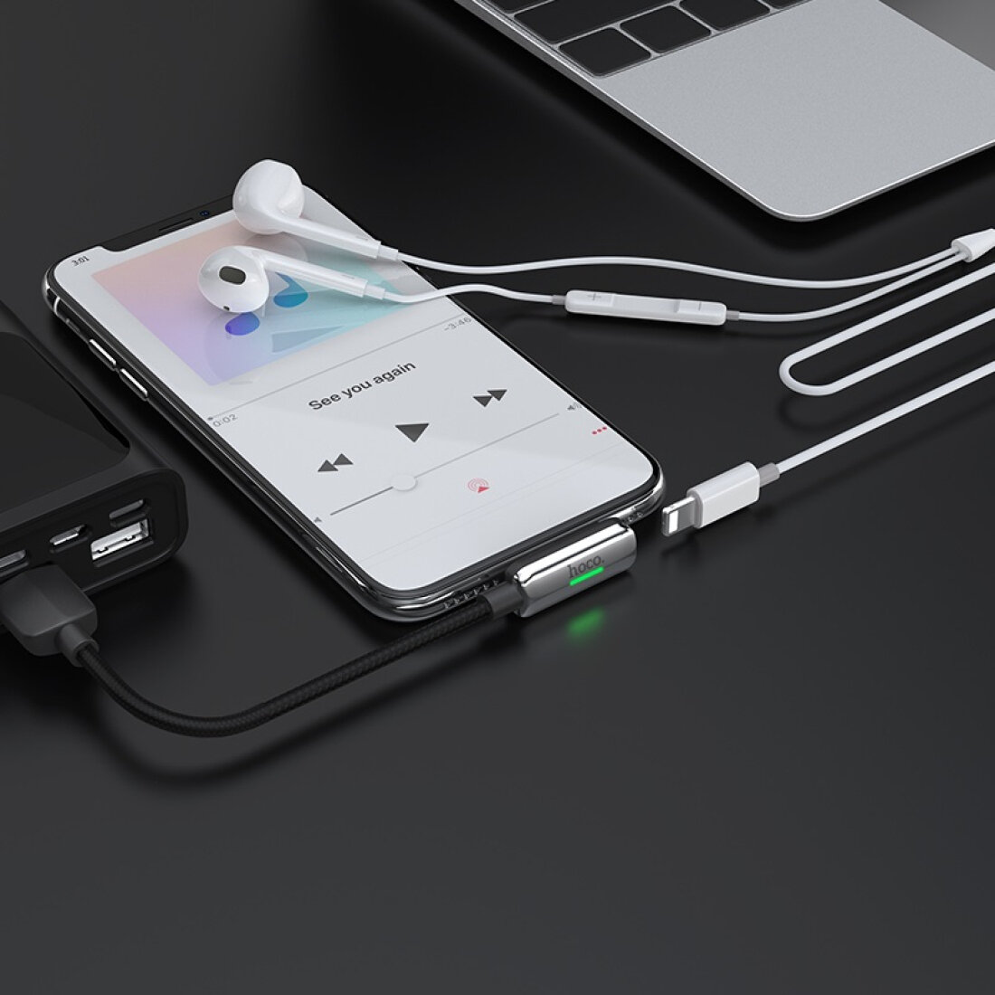 Переходник с Lightning на USB кабель(для зарядки)+наушники lightning, LS28, Hoco — фото 1