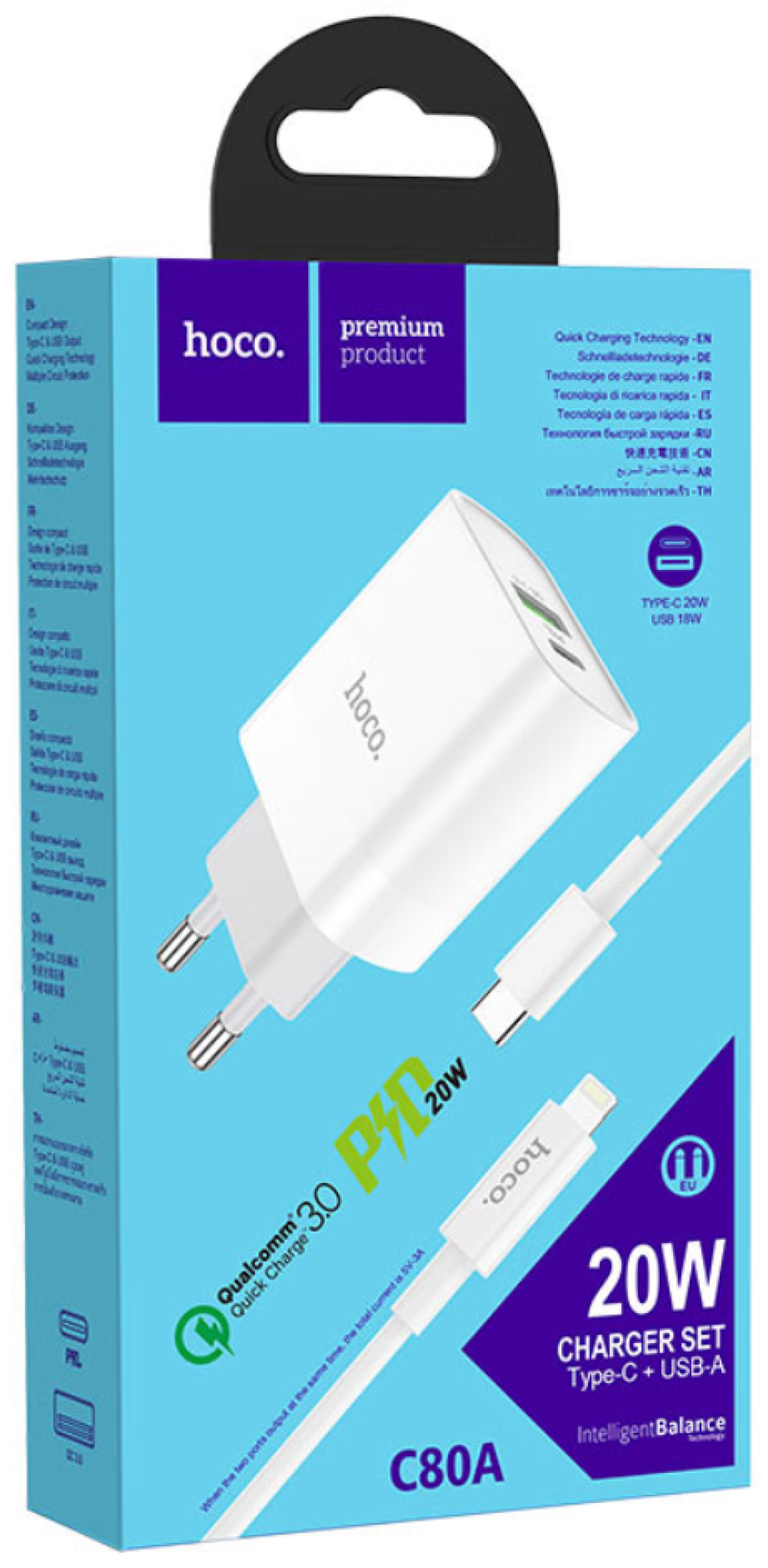 Сетевое зарядное устройство, 1 PD 20W + 1 USB 3.0 QC (C80A), HOCO, Type-C to Lightning, белый — фото 1