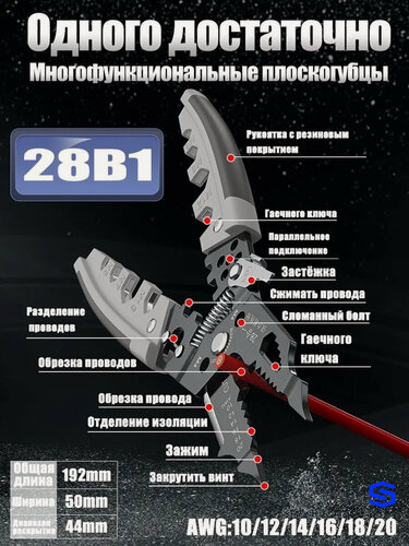 Изображение товара 28в1 многофункциональные стриппер, пассатижи для электрика, универсальные клещи, намотка/зачистка/обжим и другие функции