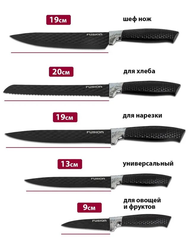 Набор кухонных ножей Fusion SKS5102, 5 шт, на подставке, нержавеющая сталь, черный — фото 1