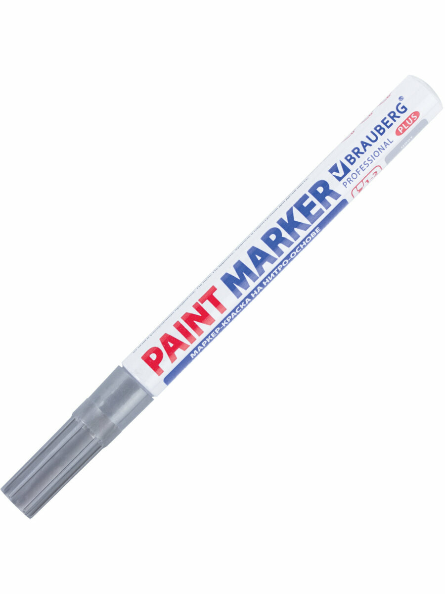 Маркер краска лаковый paint marker 2 мм строительный серебряный, фломастер, нитро основа, алюминиевый корпус, Brauberg Proffessional Plus, 151442 — фото 1
