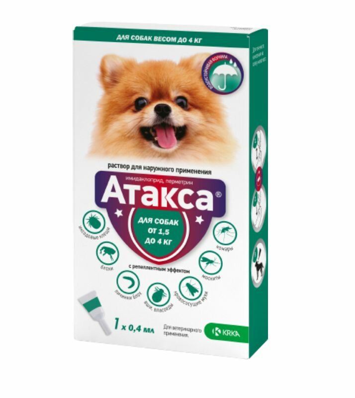 Атакса капли от блох и клещей для собак от 1,5 до 4 кг пипетка 0,4 мл 1 шт