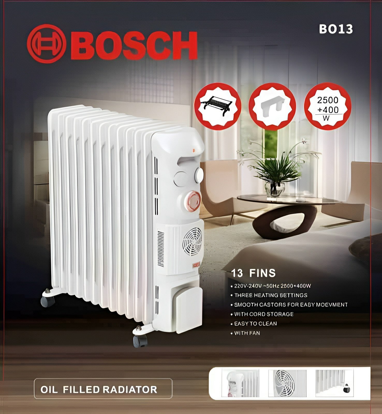 Обогреватель Bosch BO13, 2500 Вт, 13 секций, три режима, колесики, хранение шнура