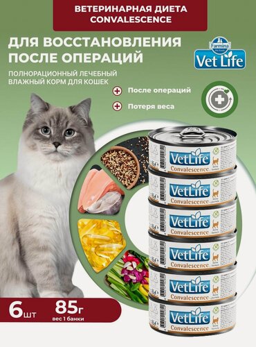 Изображение товара Влажный диетический корм Vet Life Farmina Для кошек Вет Лайф паштет конвалесценсе Фармина 85 г - 6 шт Convalescence Восстановление после болезни, после операции, для ослабленных