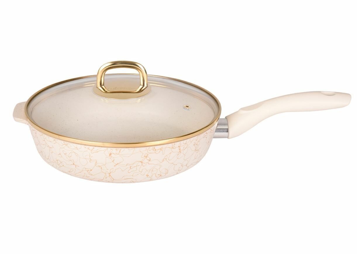 Сковорода глубокая 280мм с ручкой, со стекл. крышкой, АП линия "Грация" (белый/золото) — фото 1