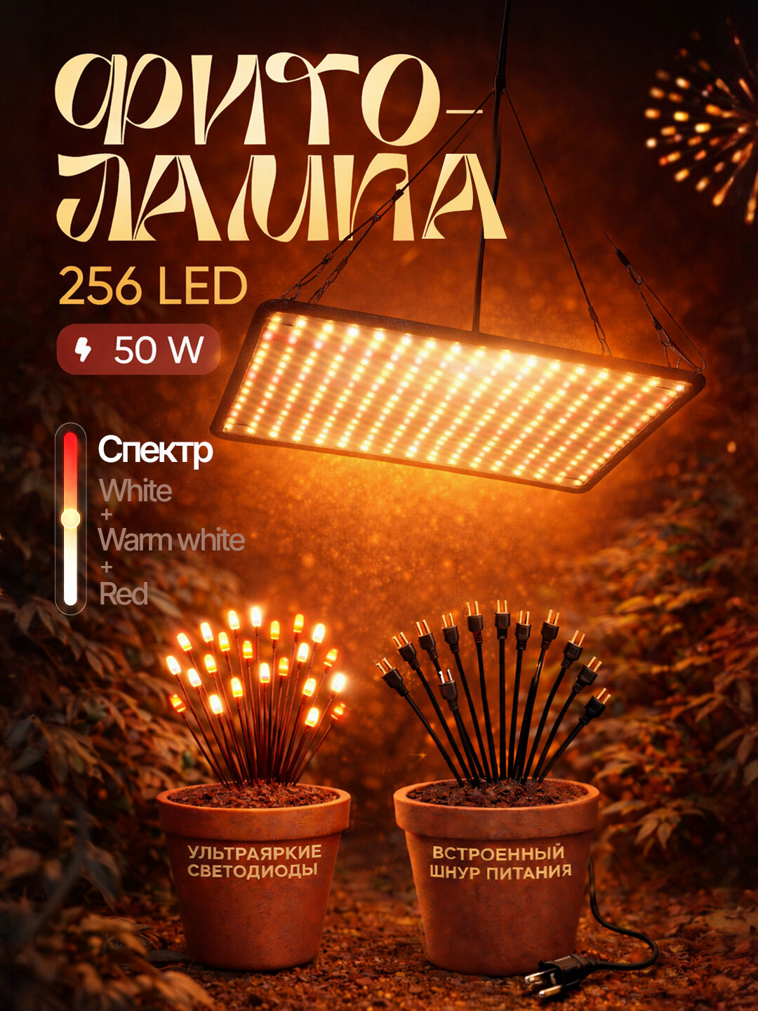 Фитолампа полного спектра. Подвесная. 256LED, 50Вт, SMD2835, 30х30см, White+Warm white+Red