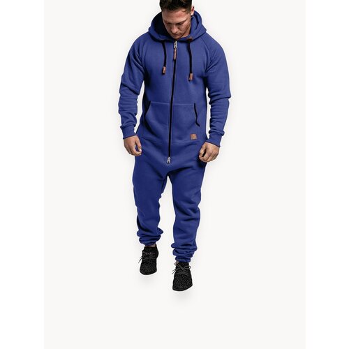 Мужской утепленный флисовый комбинезон с капюшоном и карманами (однотонный, свободный крой) для зимнего отдыха и рыбалки мягкий, легкий