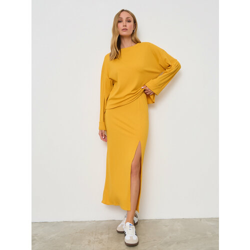 фото Костюм brandberry, худи и юбка, повседневный стиль, свободный силуэт, пояс на резинке, трикотажный, размер 46, желтый